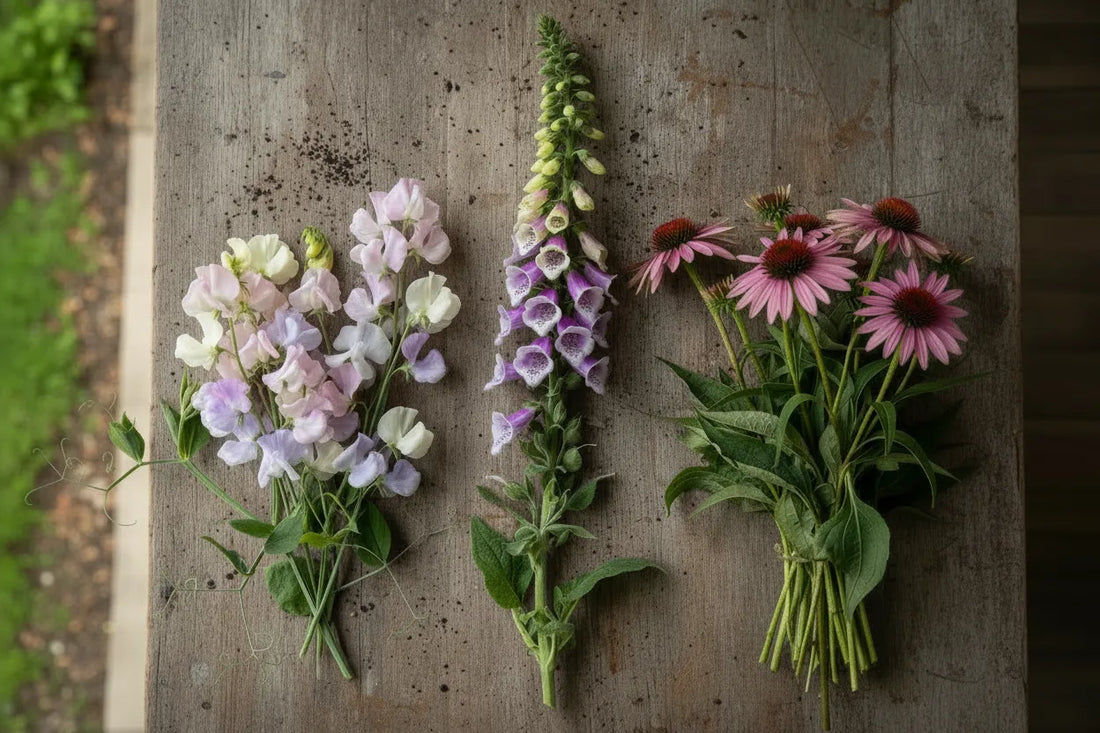 Flat lay of annual, biennial, and perennial garden plants on a grey weathered wooden surface
