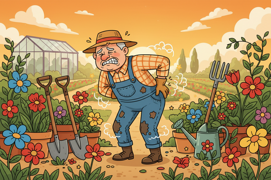 Illustration of common gardening aches and pains — back, knees and shoulders